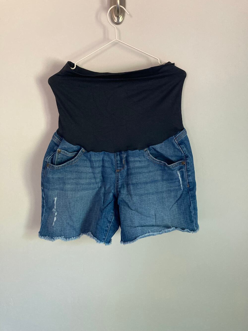 Maternity Denim Shorts Over Belly Panel Distressed Cutoff Pregnancy Shorts
